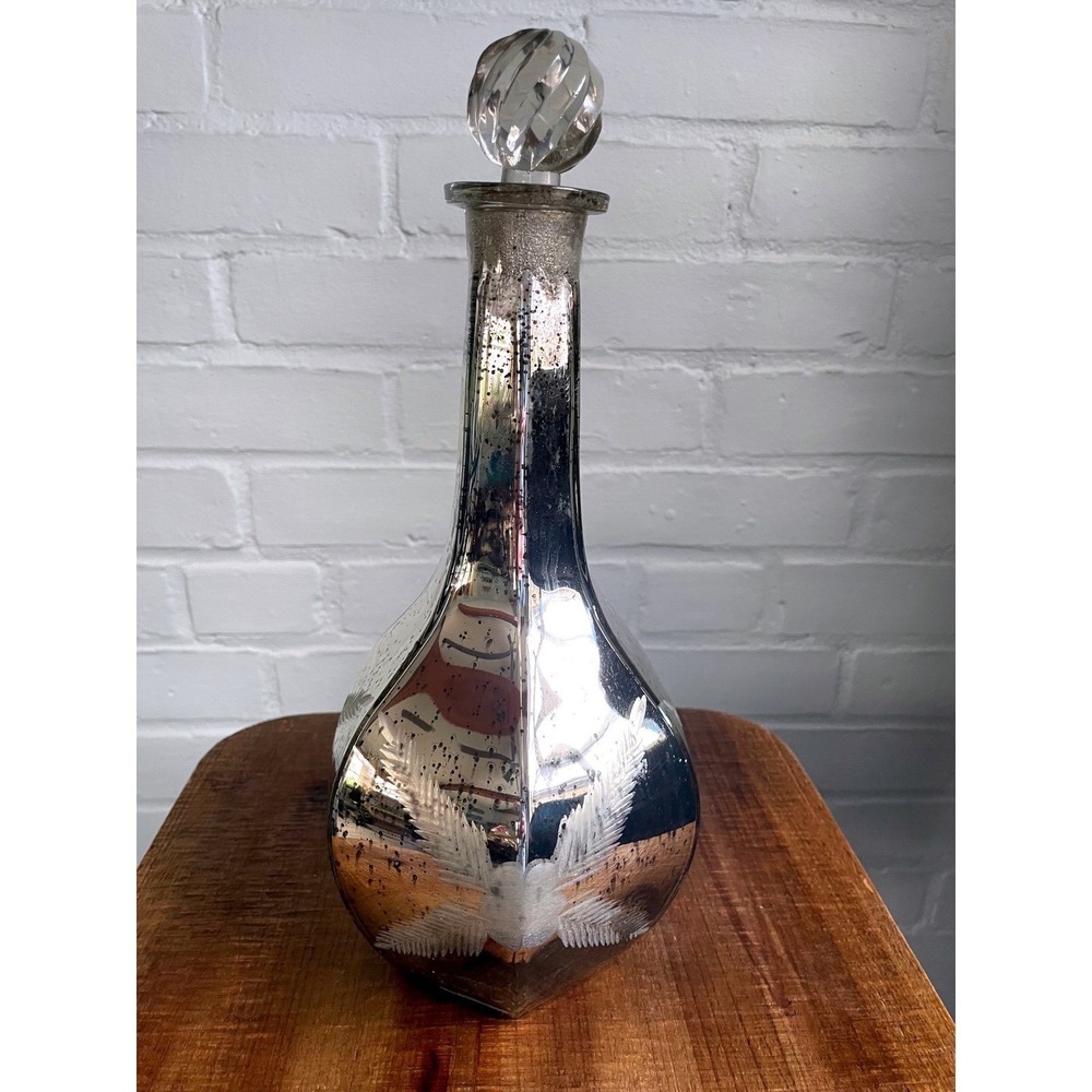 Pottery Barn Mercury Glass Decanter‎ with Crystal Stopper Etched Fern Design